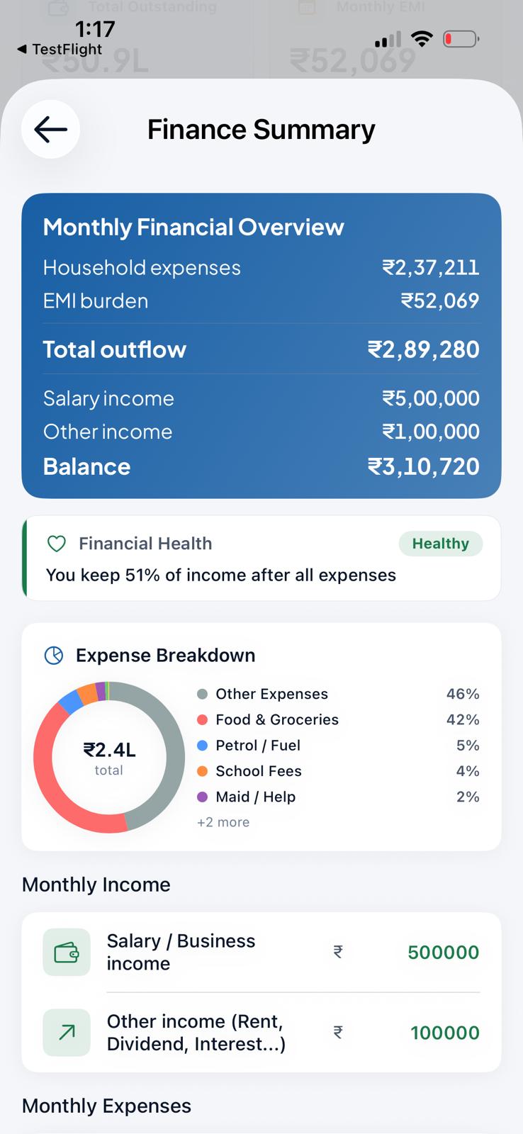 EMIDash Finance Summary screen